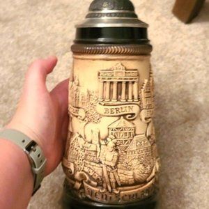 Vintage German Beer Stein with Elaborate Carvings of German Cities